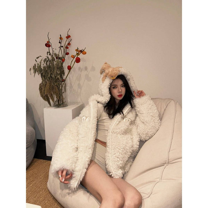 13 De Marzo Plush Bear Fuzzy Hooded Coat White - GirlFork