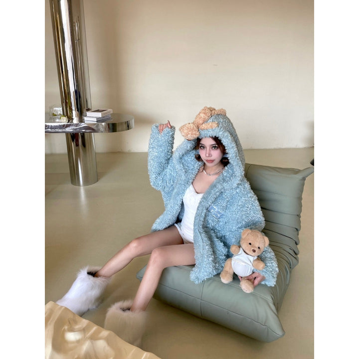 13 De Marzo Plush Bear Fuzzy Hooded Coat Blue - GirlFork
