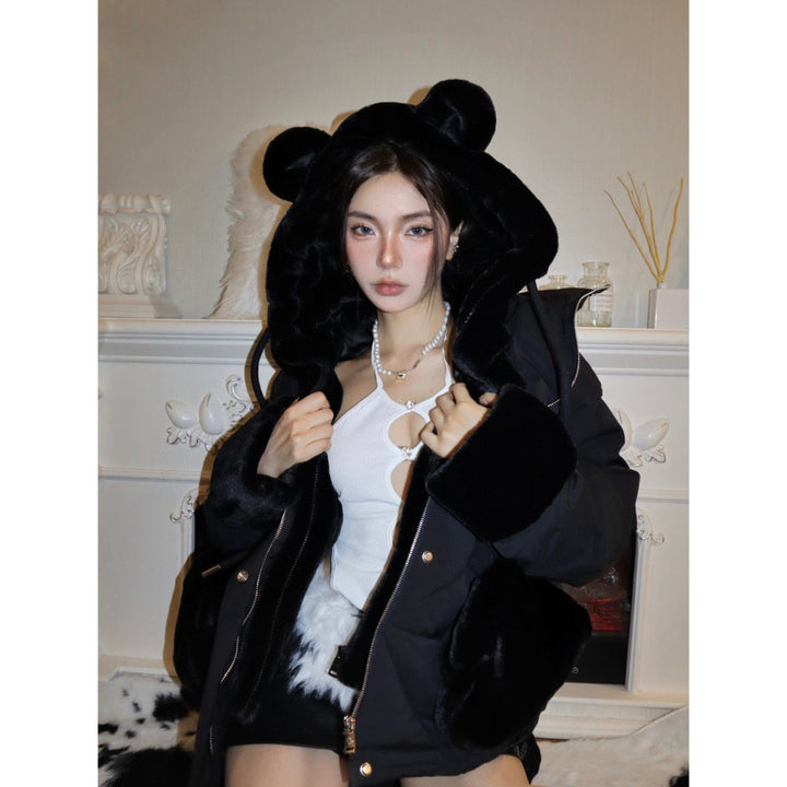 13 De Marzo Detachable Bear Pocket Ear Down Jacket Black - GirlFork