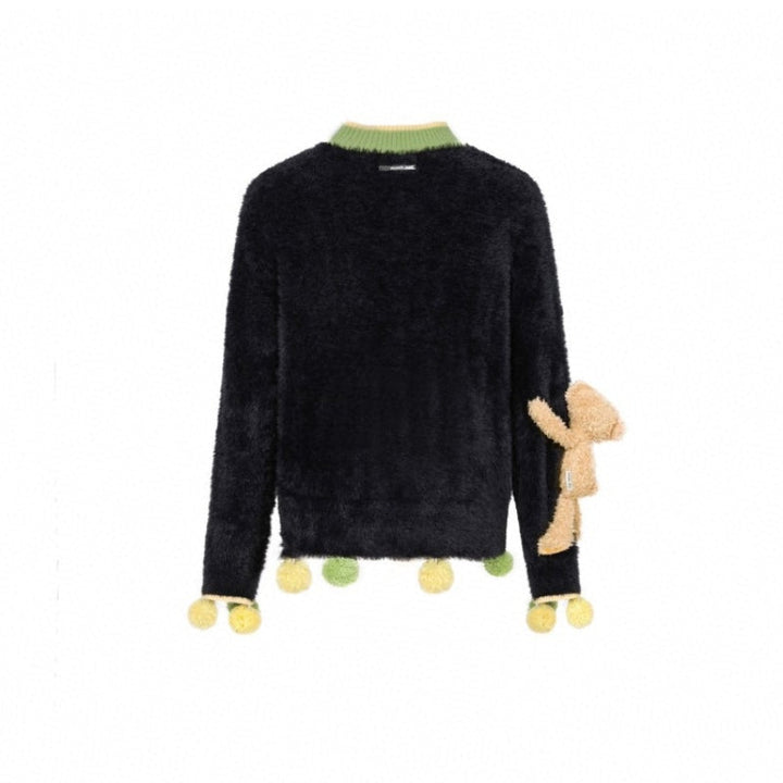 13 De Marzo Mohair Ball Plush Bear Sweater Black - GirlFork