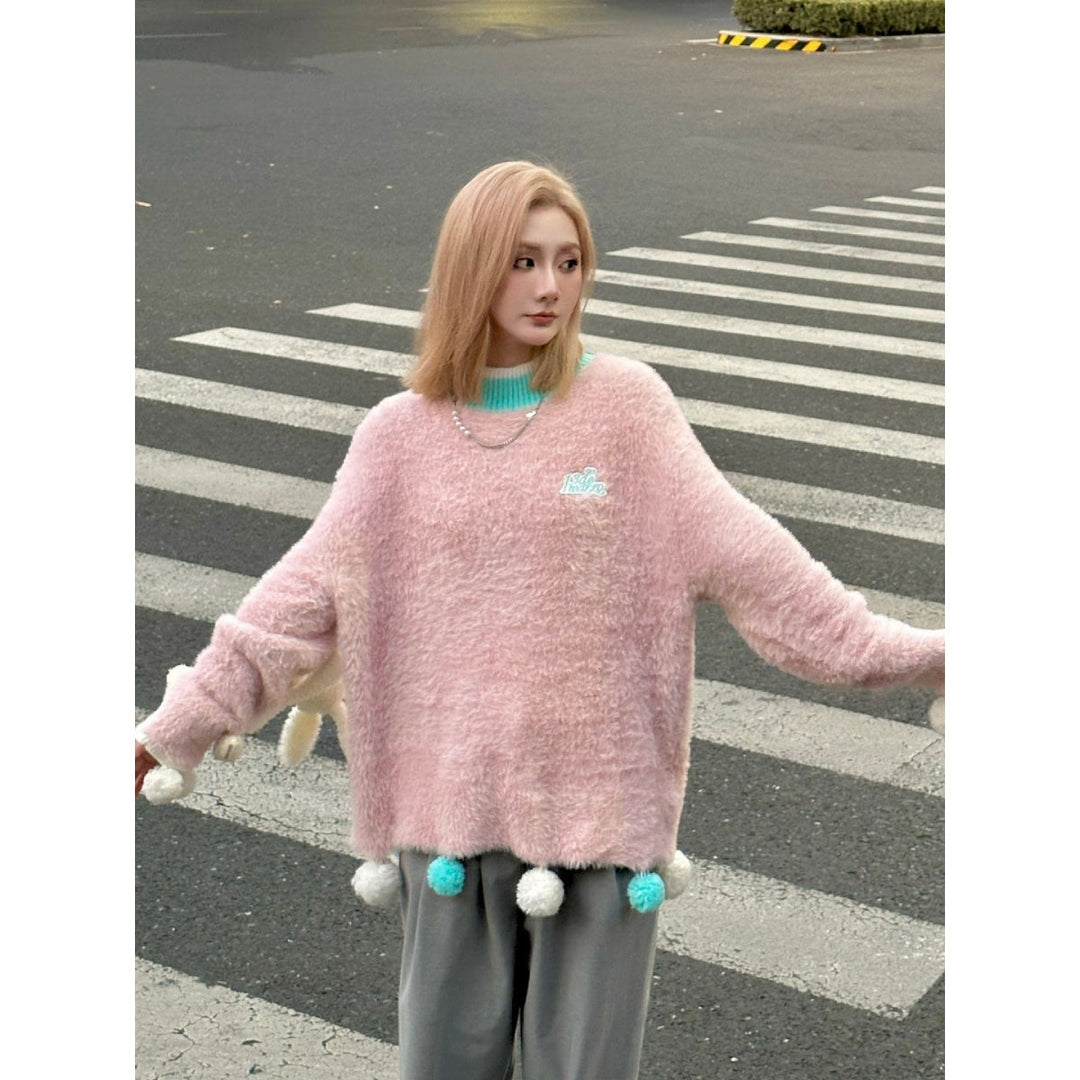 13 De Marzo Mohair Ball Plush Rabbit Sweater Pink - GirlFork