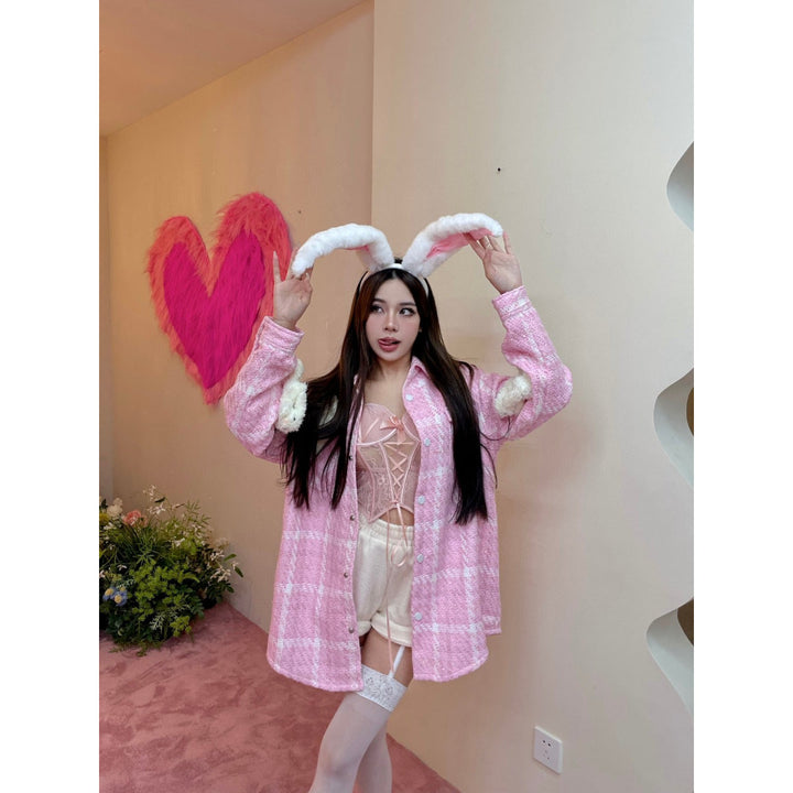 13 De Marzo Doozoo Rabbits Tweed Plaid Shirt Pink - GirlFork