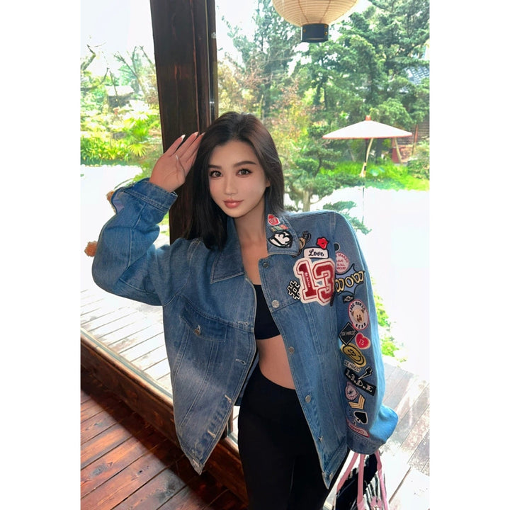 13 De Marzo Badges Plush Bear Denim Jacket - GirlFork