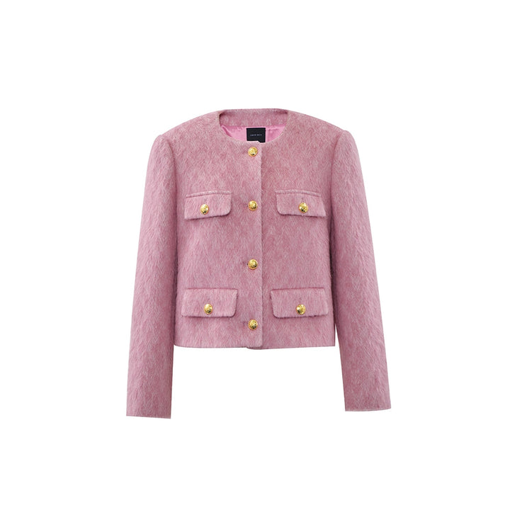 Concise-White Gold Button Multi-Pockets Short Coat Pink - GirlFork
