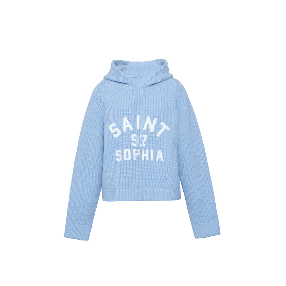 Concise-White Knitted Logo Hoodie Blue - GirlFork