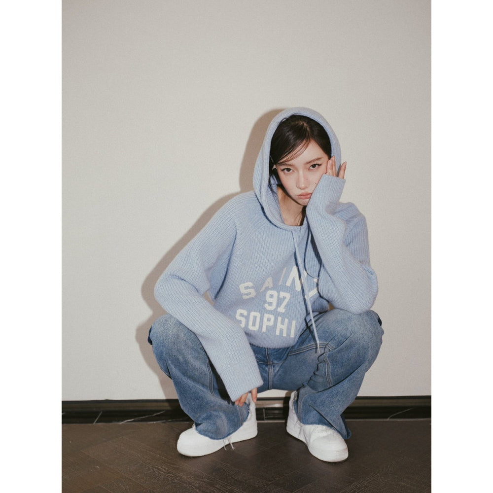 Concise-White Knitted Logo Hoodie Blue - GirlFork