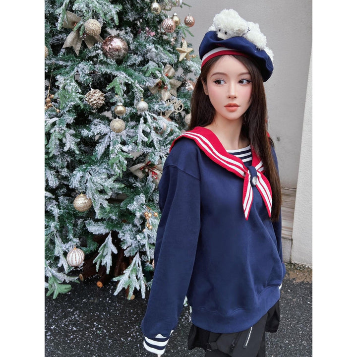 13 De Marzo Sailor Collar Plush Bear Sweater Navy - GirlFork