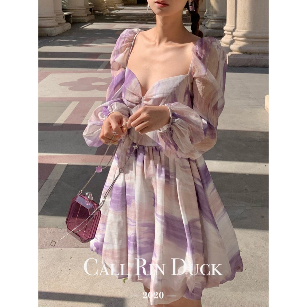 Callrinduck Starry Sky Painting Short Puff Dress Purple - GirlFork