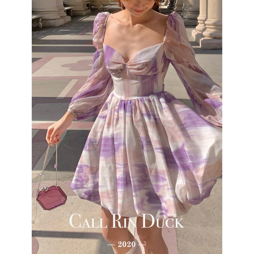 Callrinduck Starry Sky Painting Short Puff Dress Purple - GirlFork