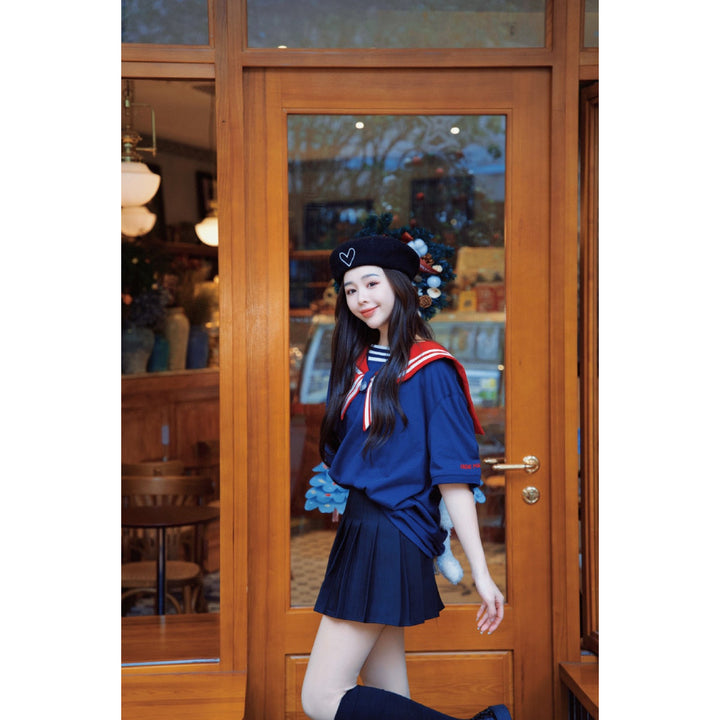 13De Marzo Plush Bear Sailor Collar Tee Navy - GirlFork