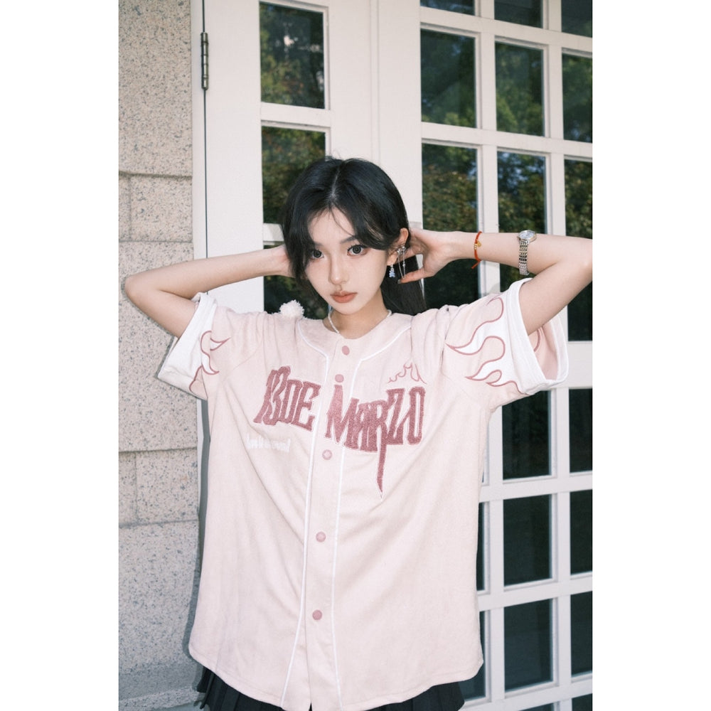 13De Marzo Flame Baseball Shirt Pink - GirlFork