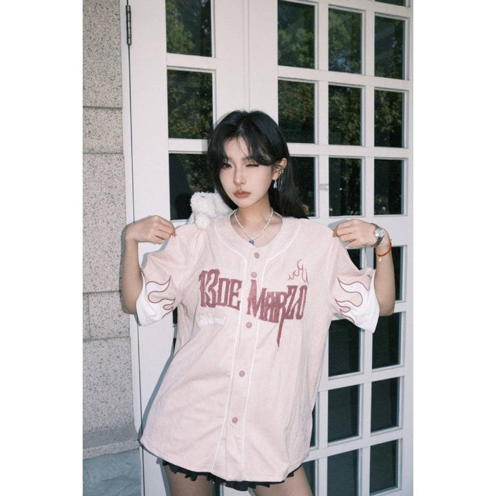 13De Marzo Flame Baseball Shirt Pink - GirlFork