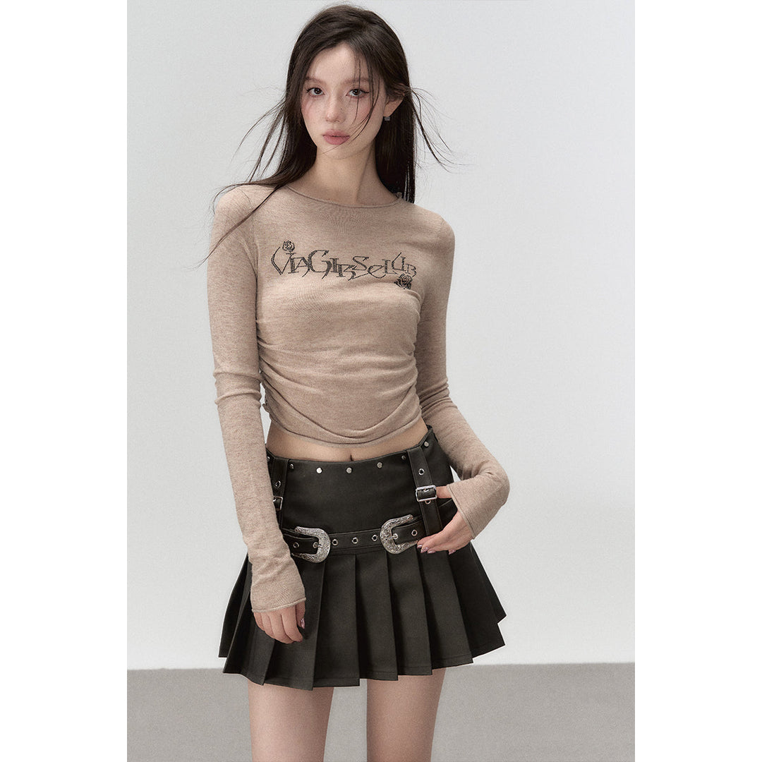 Via Pitti Crystal Logo Ruched Long Sleeve Top Brown - Mores Studio
