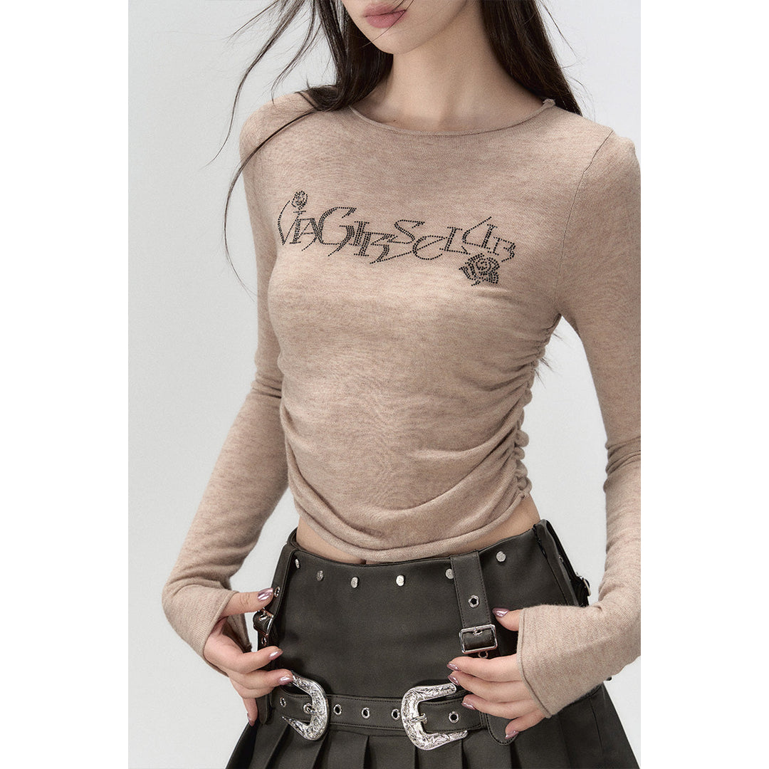 Via Pitti Crystal Logo Ruched Long Sleeve Top Brown - Mores Studio