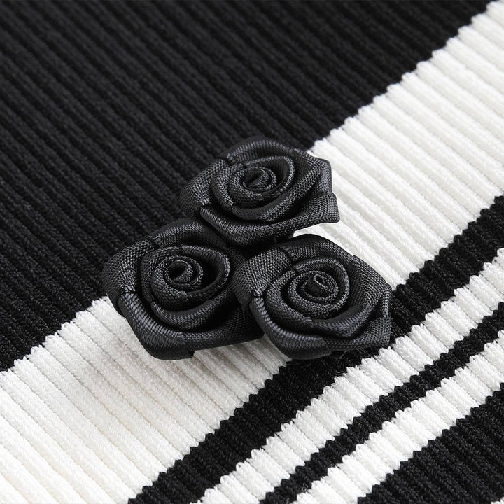 Three Quarters Rose Striped Contrast Polo Top Black - GirlFork