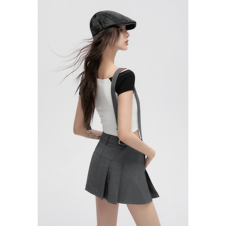 Via Pitti College Style Pleated Strap Overall Skirt Grey - Mores Studio