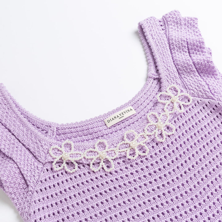 Diana Vevina Beaded Flower Hollow Knit Top Purple - Mores Studio
