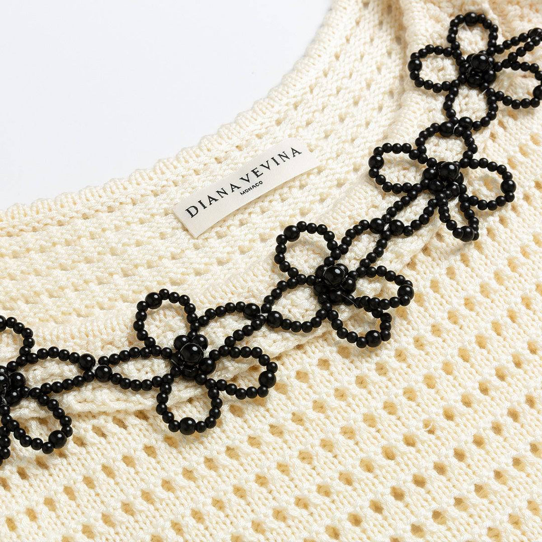 Diana Vevina Beaded Flower Hollow Knit Top Beige - Mores Studio