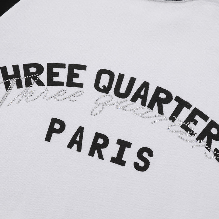 Three Quarters Rhinestone Printed Crew Neck Sweater Black - GirlFork