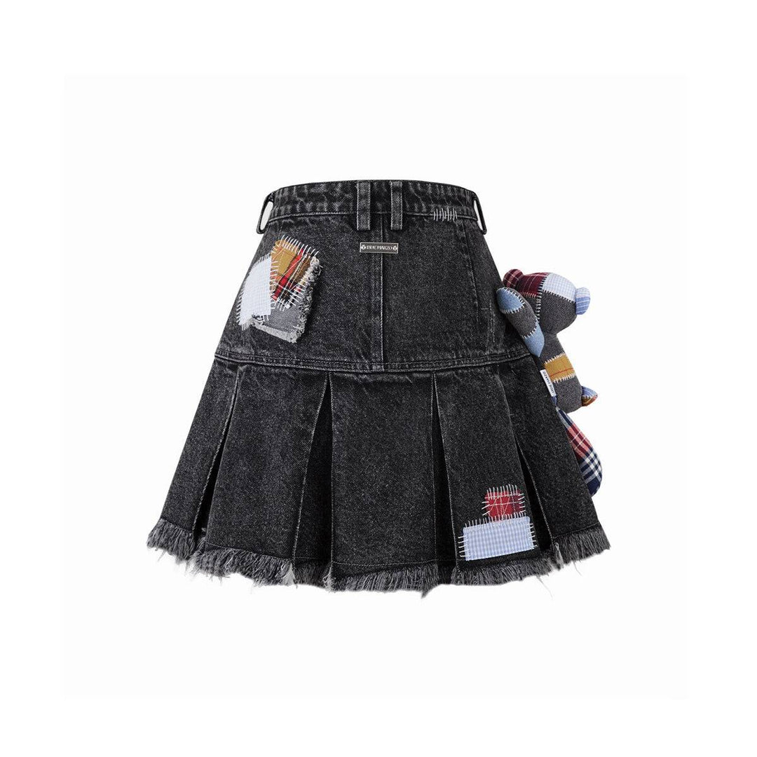 13De Marzo Bear Patch Suture Denim Skirt Black - Mores Studio
