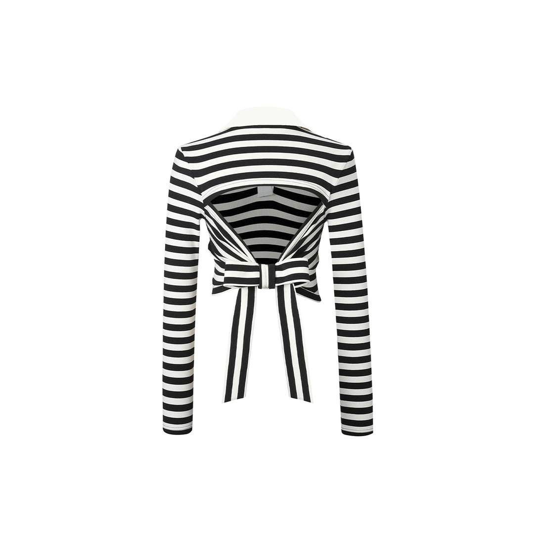 Three Quarters Striped Bow Tie Polo Top - GirlFork