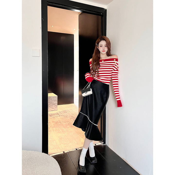 Three Quarters Off-Shoulder Striped Sweater Red - Mores Studio