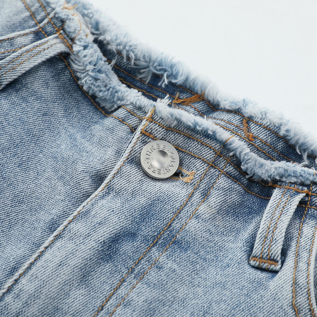 Three Quarters Ripped Raw Edge Denim Jeans - GirlFork