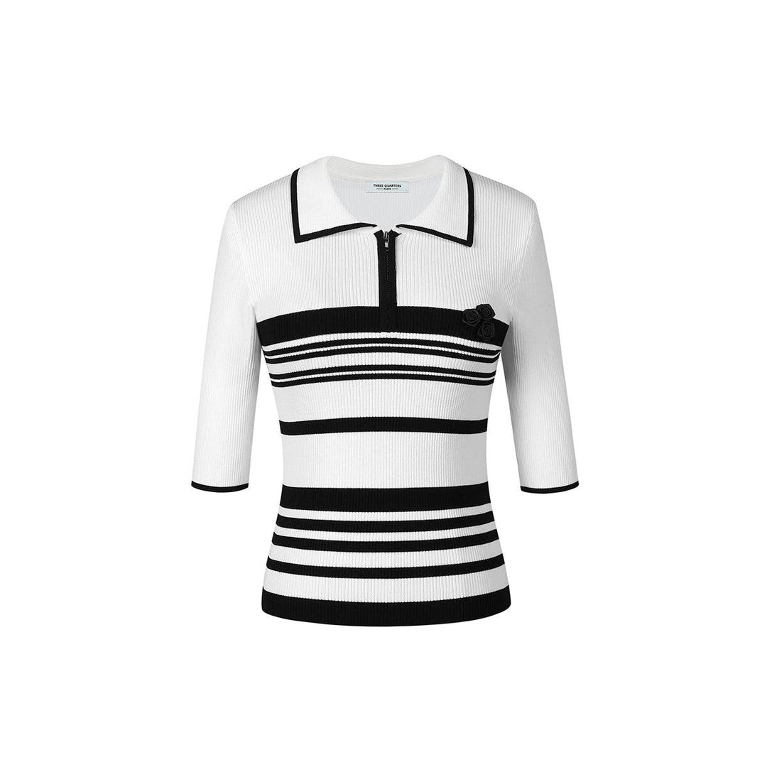 Three Quarters Rose Striped Contrast Polo Top White - GirlFork