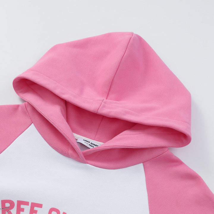 Three Quarters Rhinestone Printed Logo Hoodie Pink - GirlFork