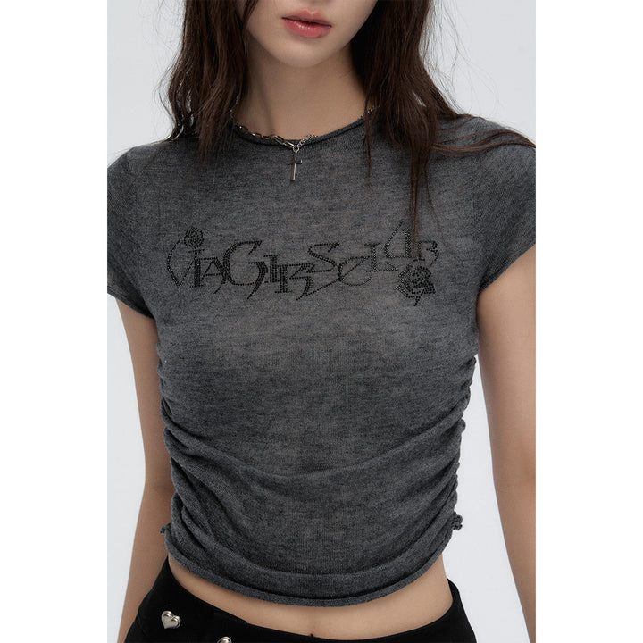 Via Pitti Crystal Logo Knit Ruched Top Grey - Mores Studio