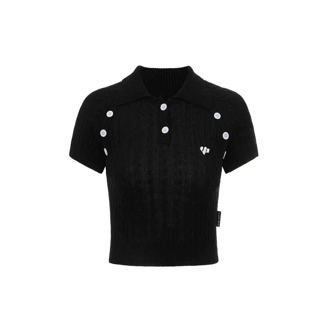 Via Pitti Logo Embroidery Button Knit Polo Top Black - Mores Studio