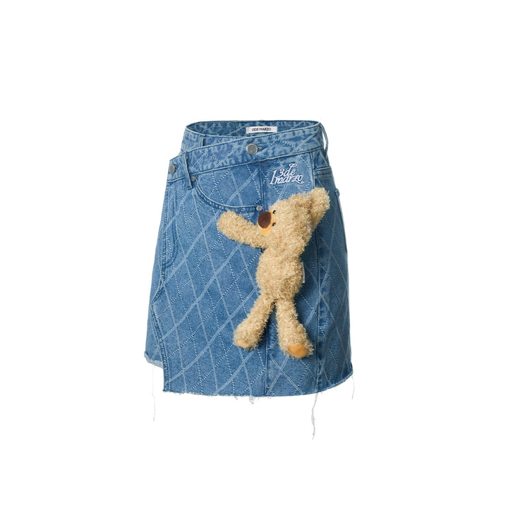 13De Marzo Bear Diamond Check Denim Skirt Blue - GirlFork