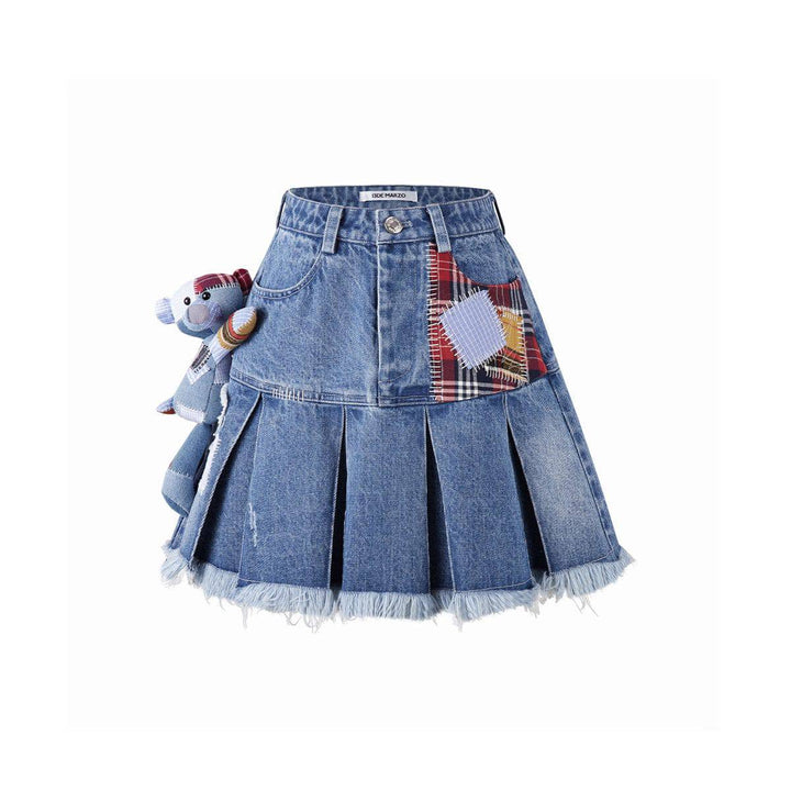 13De Marzo Bear Patch Suture Denim Skirt Blue - Mores Studio