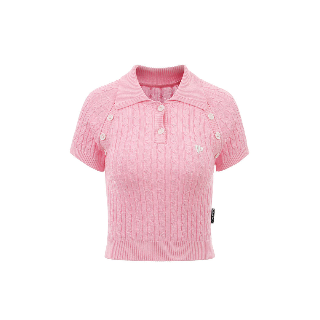 Via Pitti Logo Embroidery Button Knit Polo Top Pink - Mores Studio