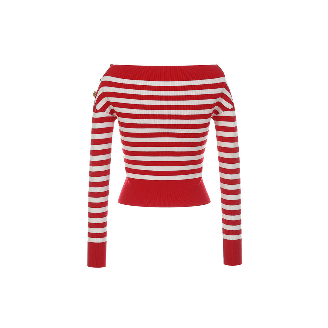 Three Quarters Off-Shoulder Striped Sweater Red - Mores Studio