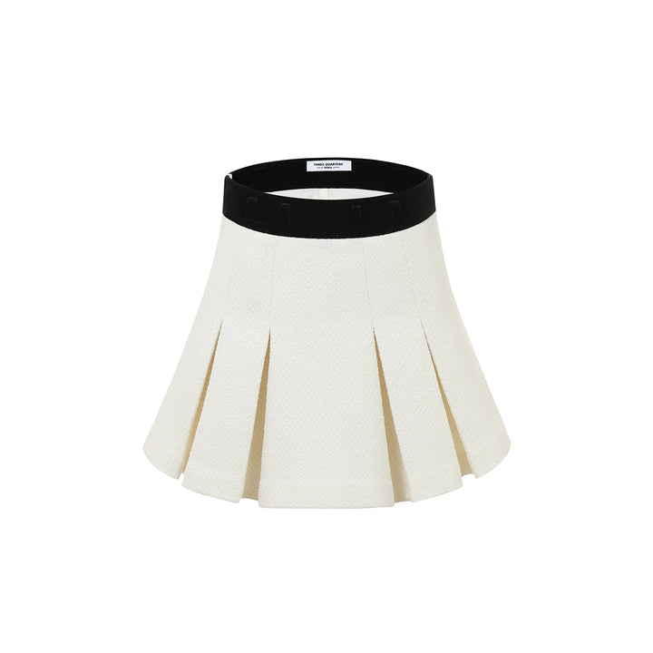 Three Quarters Contrast Waist Pleated Wool Skirt White - Mores Studio