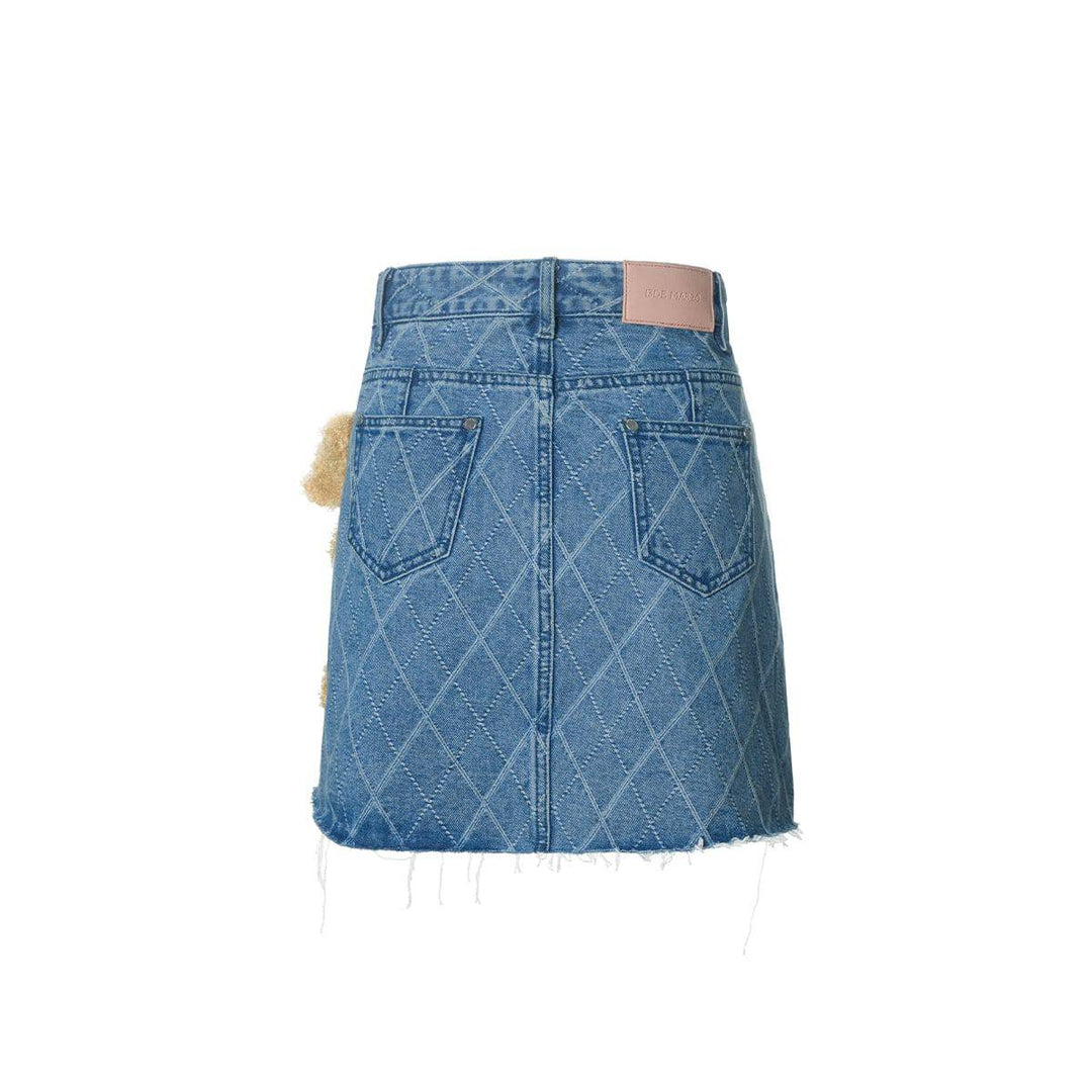 13De Marzo Bear Diamond Check Denim Skirt Blue - GirlFork