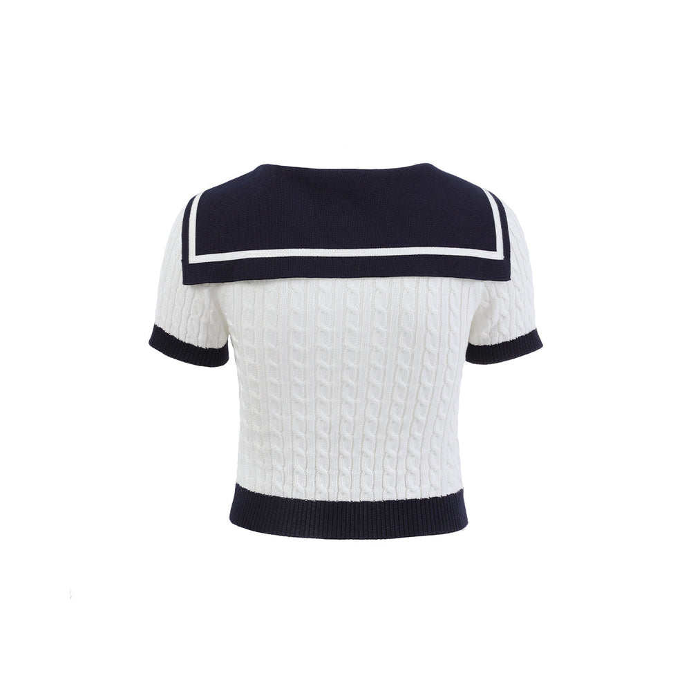 Via Pitti Embroidery Logo Sailor Collar Knit Crop Top White - Mores Studio
