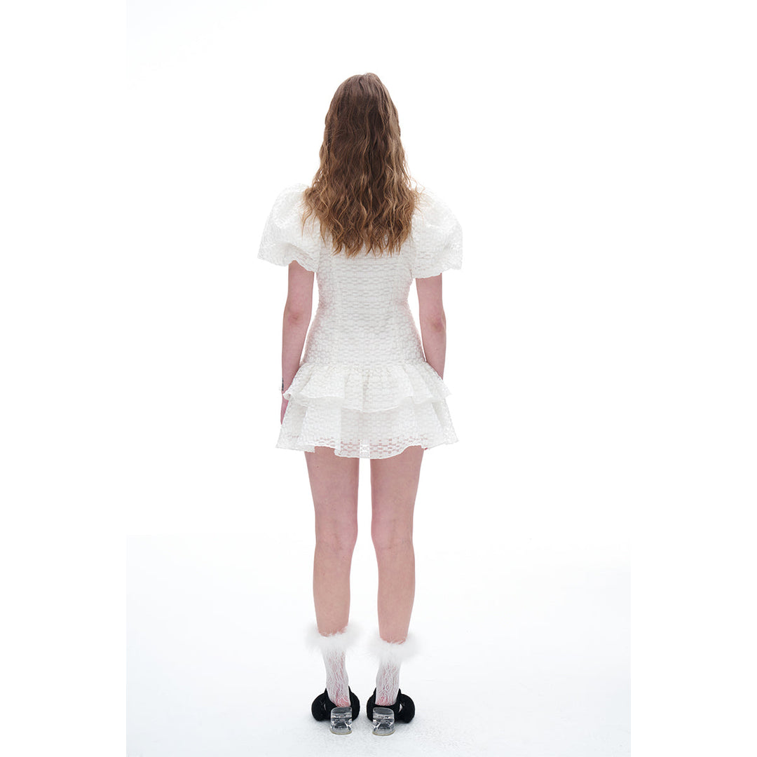 Diana Vevina Bow Tie Puff Sleeve Dress White - Mores Studio