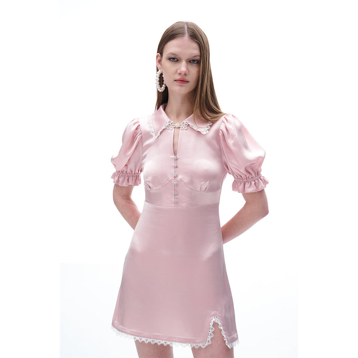 Diana Vevina Puff Sleeve Rhinestone Button Silk Dress Pink - Mores Studio