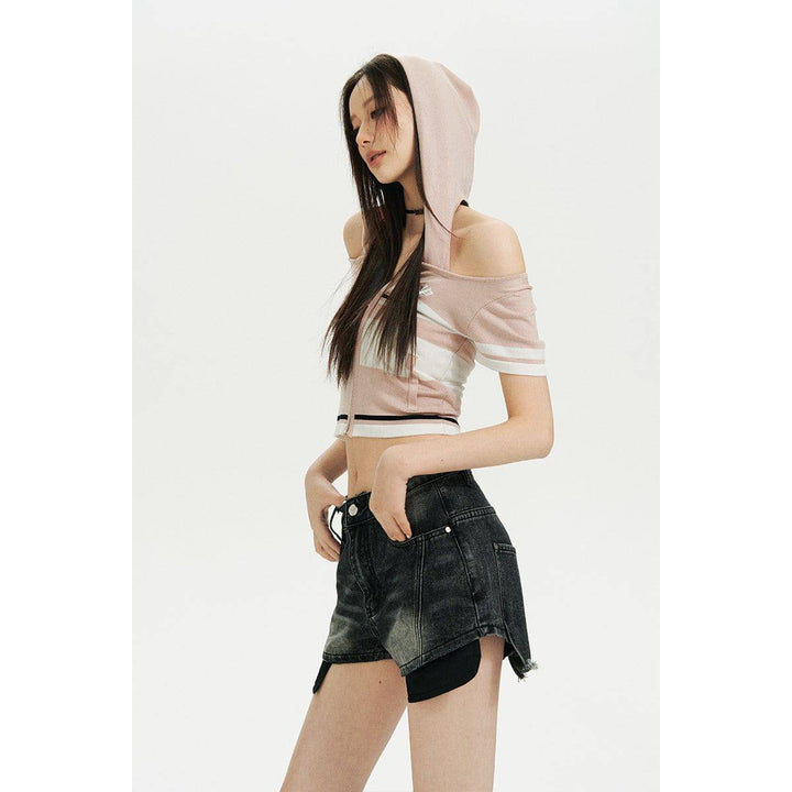 Via Pitti Color Blocked Short Sleeve Hooded Top Pink - Mores Studio