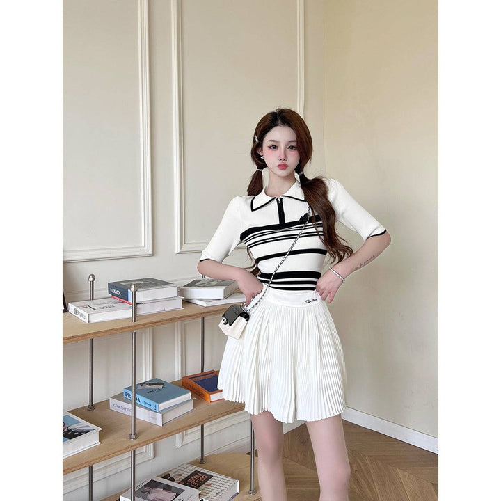 Three Quarters Rose Striped Contrast Polo Top White - GirlFork