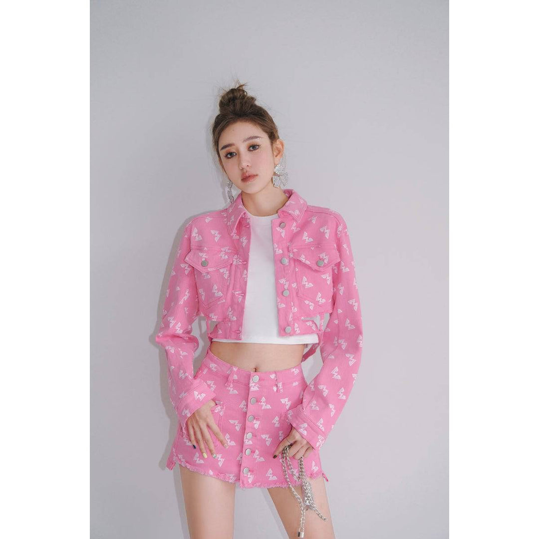 West.Y Button Up Full Print Logo Denim Skirt Pink - Mores Studio