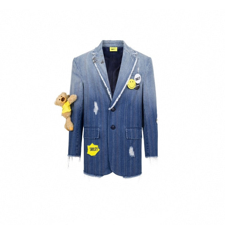 13 De Marzo X Smiley Gradient Suit Jacket Washed Blue - GirlFork