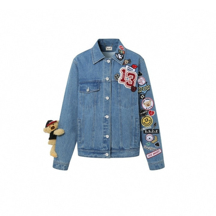 13 De Marzo Badges Plush Bear Denim Jacket - GirlFork