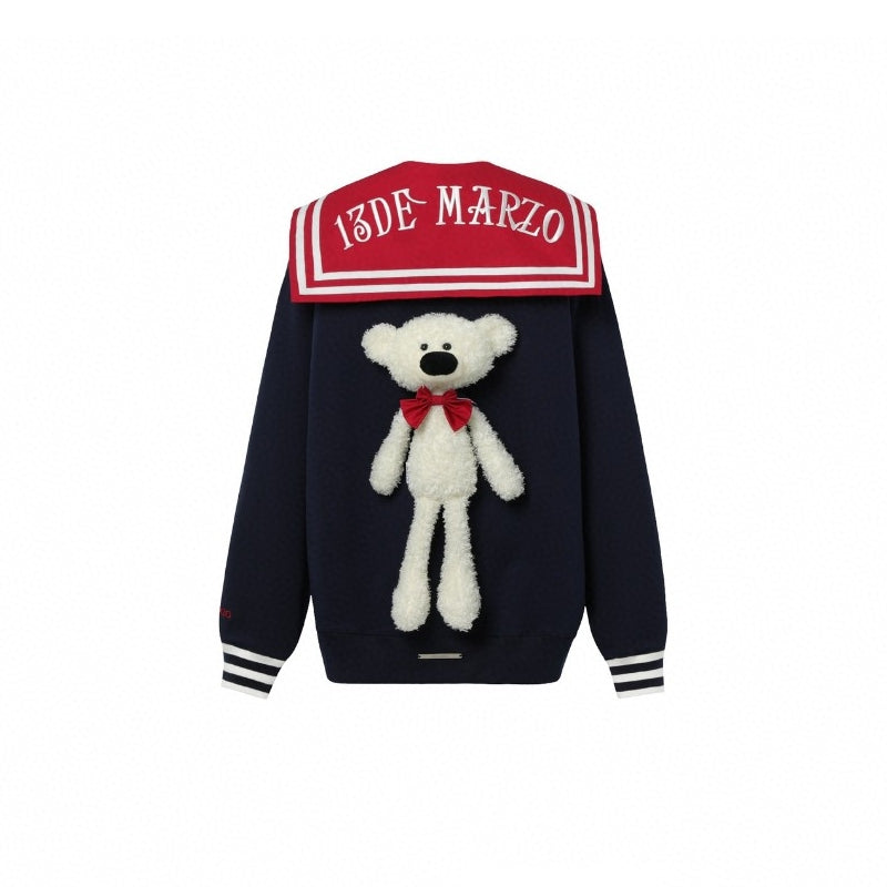 13 De Marzo Sailor Collar Plush Bear Sweater Navy - GirlFork