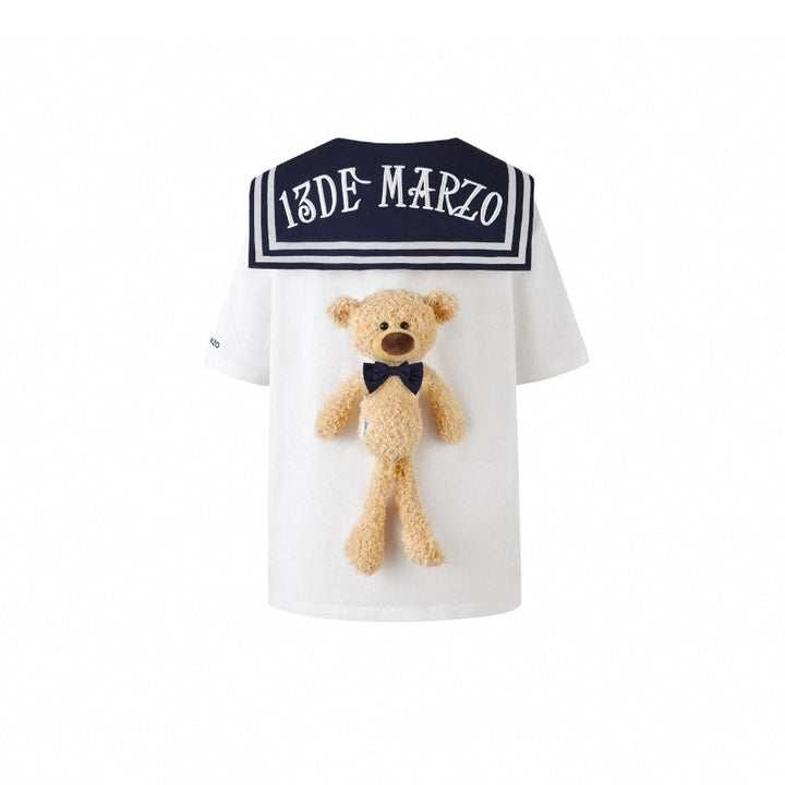 13De Marzo Plush Bear Sailor Collar Tee White - GirlFork