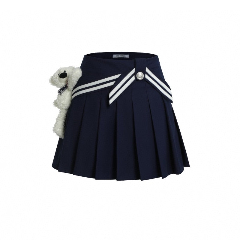13De Marzo Plush Bear Sailor Pleated Skirt Navy - GirlFork