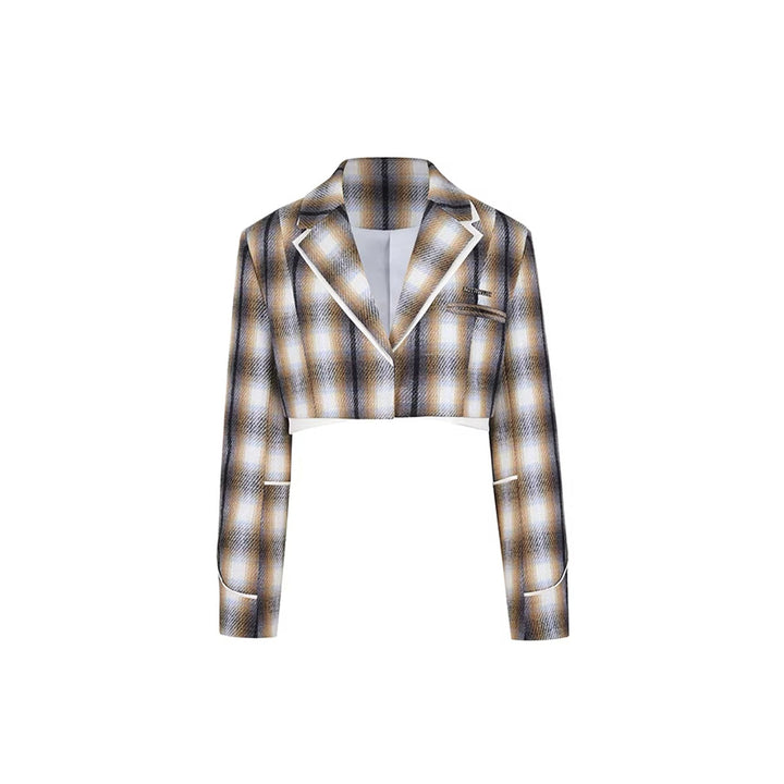 NotAwear Woolen Fake-2-Piece Checkered Short Blazer - Mores Studio