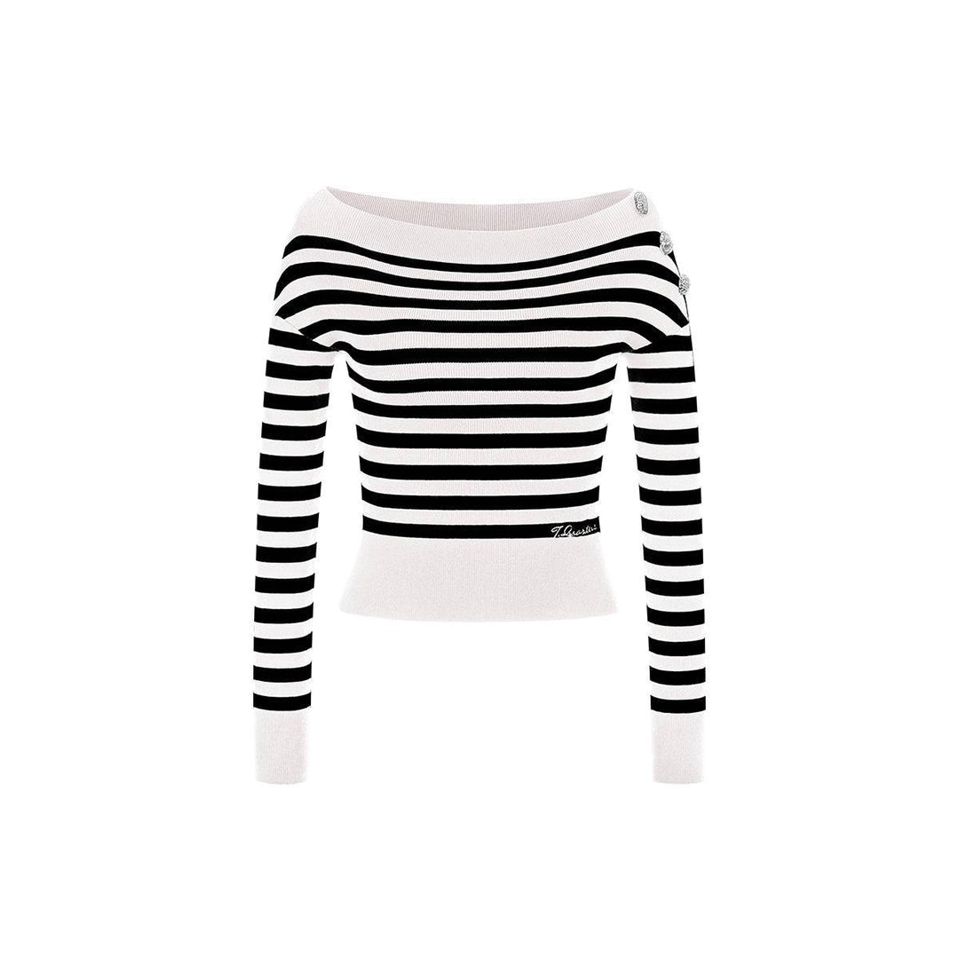 Three Quarters Off-Shoulder Striped Sweater Black - Mores Studio